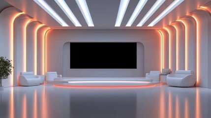 White Studio. TV on wall. White wall. White background. White back drop. 3d rendering