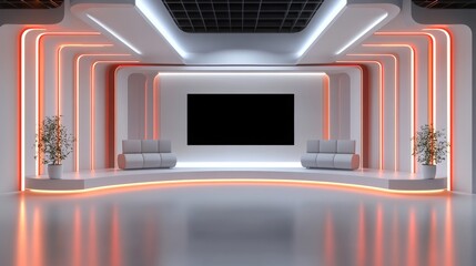 White Studio. TV on wall. White wall. White background. White back drop. 3d rendering