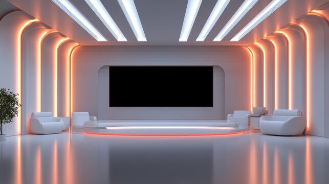 White Studio. TV on wall. White wall. White background. White back drop. 3d rendering