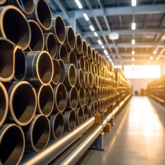 Stacks of dark gray plastic pipes in a warehouse