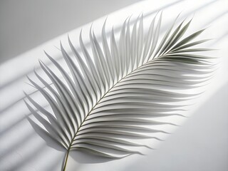 Fototapeta premium A single, elegant palm leaf isolated on white background, showcasing its delicate structure and natural beauty with soft shadows and highlights, perfect for minimalist and sophisticated designs