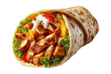Grilled doner kebab wrap filled with sliced meat, lettuce, tomato, and sauce, captured isolated on white transparent background. Traditional Arabic food