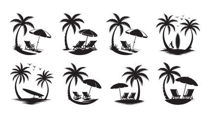 Tropical beach scene with palm tree and relaxing beach chair. set of palm trees vector