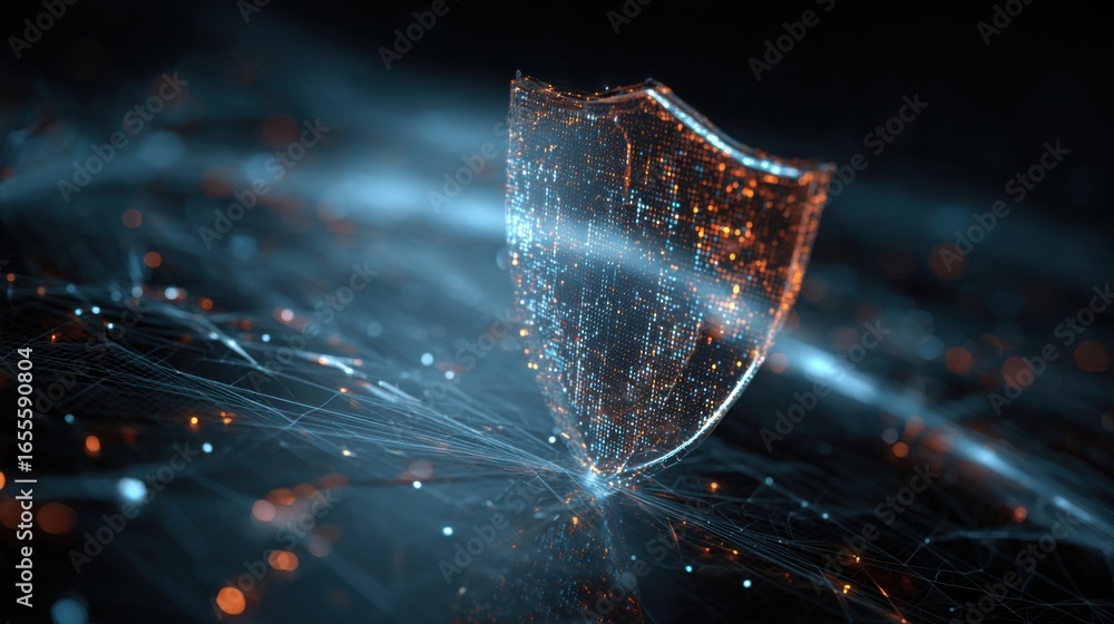 Poster a glowing, pixelated image of a shield with a blue background. the shield is surrounded by a network