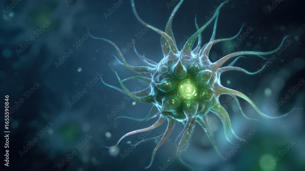 Poster a green blob with a yellow center is floating in the air. the blob is surrounded by a blue backgroun