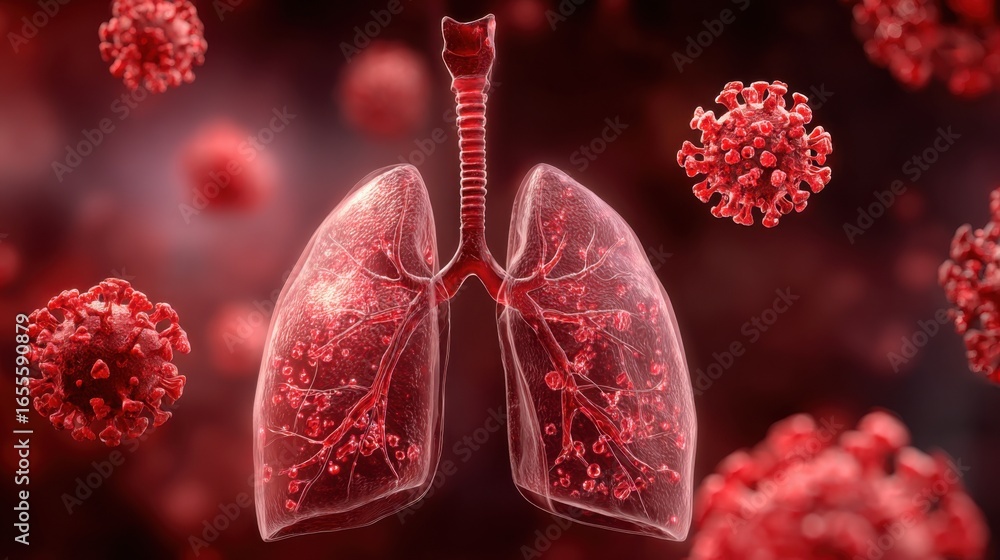 Poster a close up of a red lung with a red virus in the background. the lung is surrounded by red particles