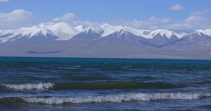 Snow capped mountain and lake landscape