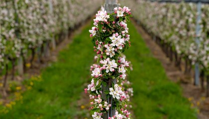 Blossoming orchard in spring, flowers climbing a post