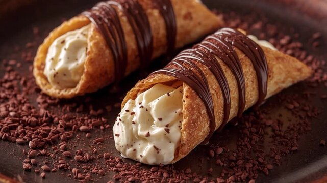 Cannoli cremoso coberto de chocolate.