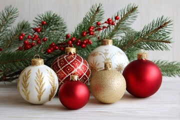Obraz premium Christmas balls and pine branches decorating white wooden table