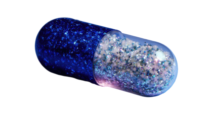 A vibrant, glittery capsule, diagonally positioned, showcasing a gradient of deep blue and light blue-silver glitter