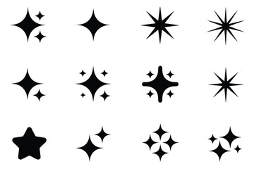 Set of twelve black sparkle and star icons on a white background vector