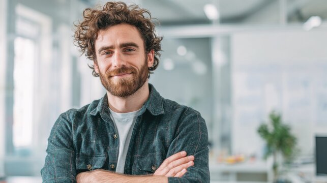 A man with a beard and a smile is posing for a picture in a room with a potted plant