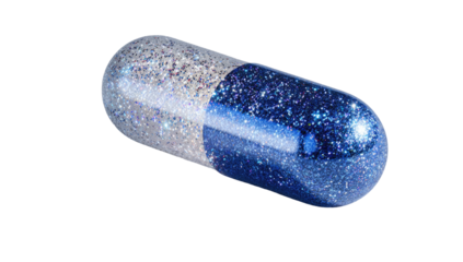 A shimmering, glittery capsule,  half silver, half deep blue
