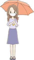 Long wavy-haired woman wearing mask and holding umbrella (full body)