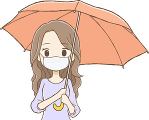 Long wavy-haired woman wearing mask and holding umbrella (upper body)