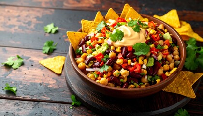 Bowl of vibrant bean salad with tortilla chips and a creamy dressing, garnished with cilantro
