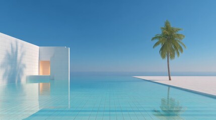 Modern Minimalist Poolside Architecture with Palm Tree and Ocean View