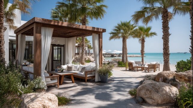 Beachfront Cabana Lounge with Wooden Pergola