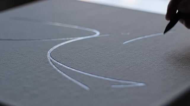 Hand drawing curving dark lines on a white textured surface in low light