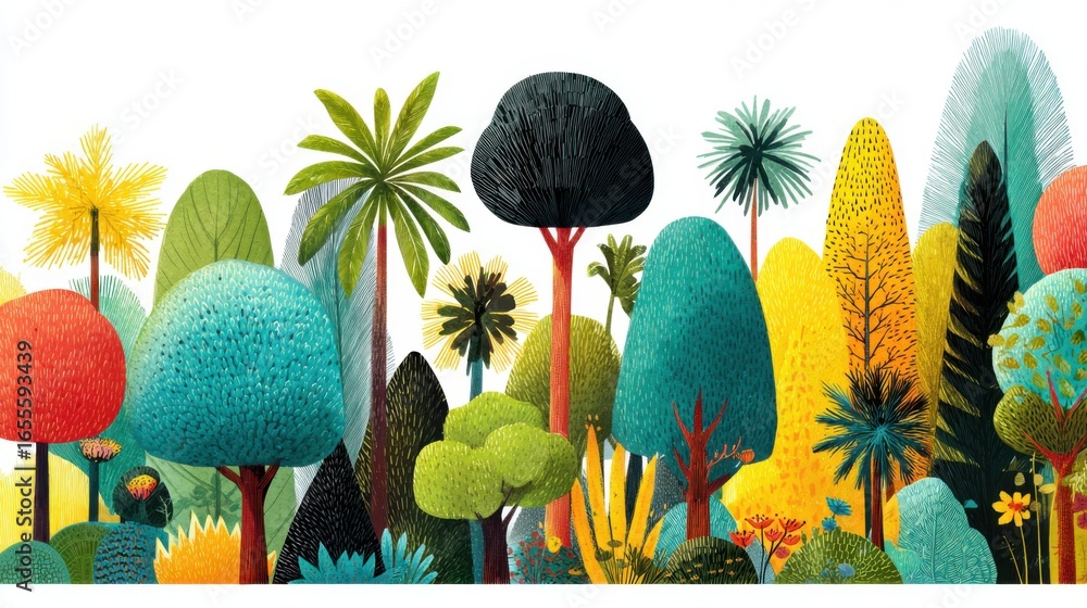 Poster a colorful forest with trees of different sizes and colors. the trees are all lined up in a row, wit