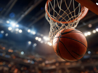 Fototapeta premium Basketball soars through the hoop in a thrilling moment of the game