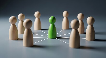 Obraz premium Green figure at center of circle of wooden figures connected by lines