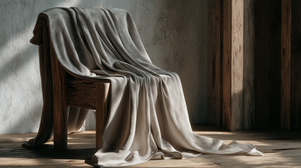 Wooden chair draped with soft blanket