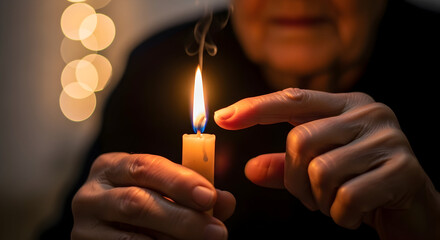 Elderly woman gently blows out a candle flame peaceful moment warmth remembrance old age tranquility candlelight senior citizen home comfort peaceful atmosphere quiet night time reflection memory