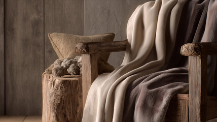 Wooden chair with blankets and cushions