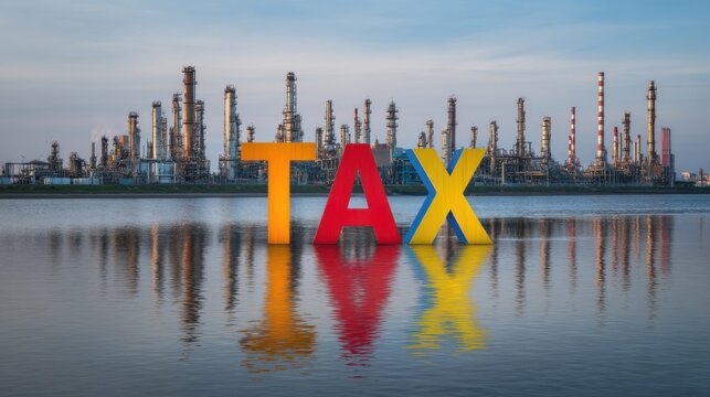 A large sign that says Tax is floating in the water. The sign is made of red, yellow, and blue letters. The image has a calm and peaceful mood, with the sign floating on the water
