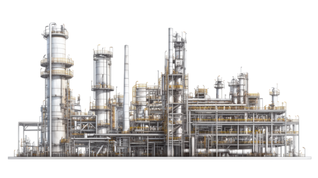 Large refinery towers and metal pipes
