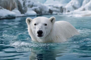 Naklejka premium Polar bear swimming in arctic water with snowy landscape