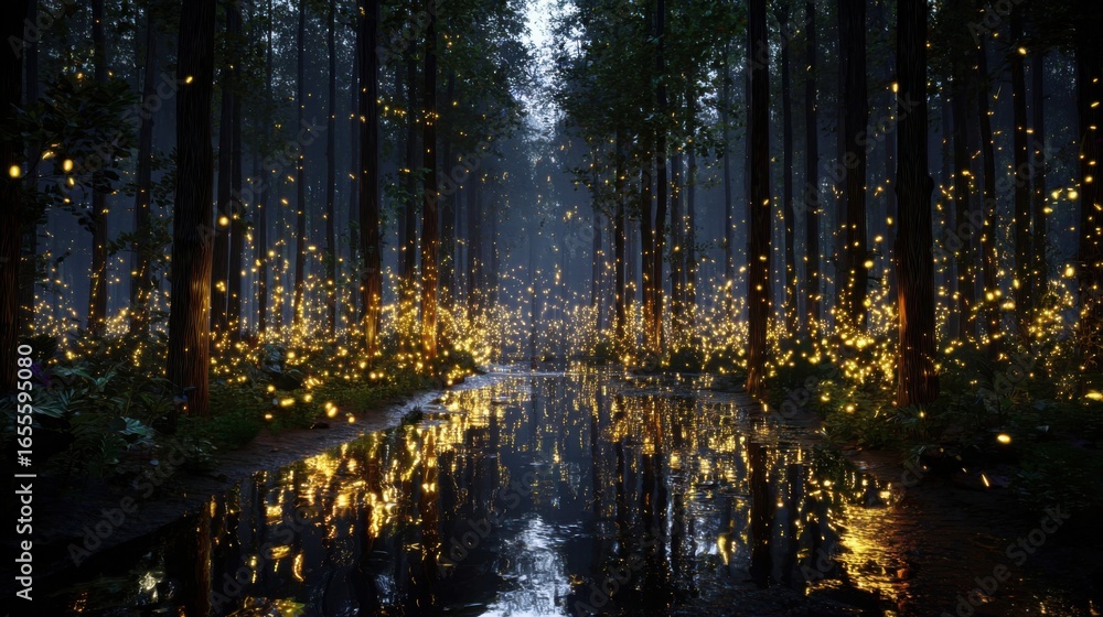 Aufkleber a forest with a path lit up by fireflies. the fireflies are scattered throughout the forest, creatin