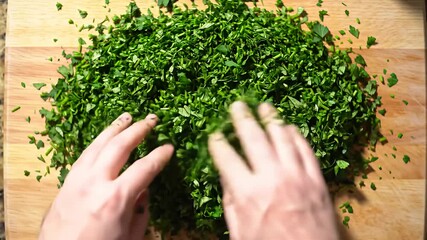 Person's hands sifting through finely chopped parsley on a wood cutting board