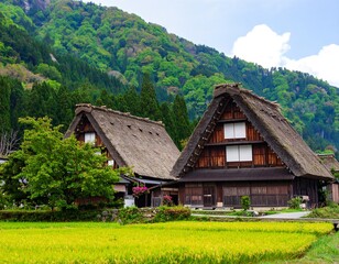 Traditional Japanese village homes in a lush valley