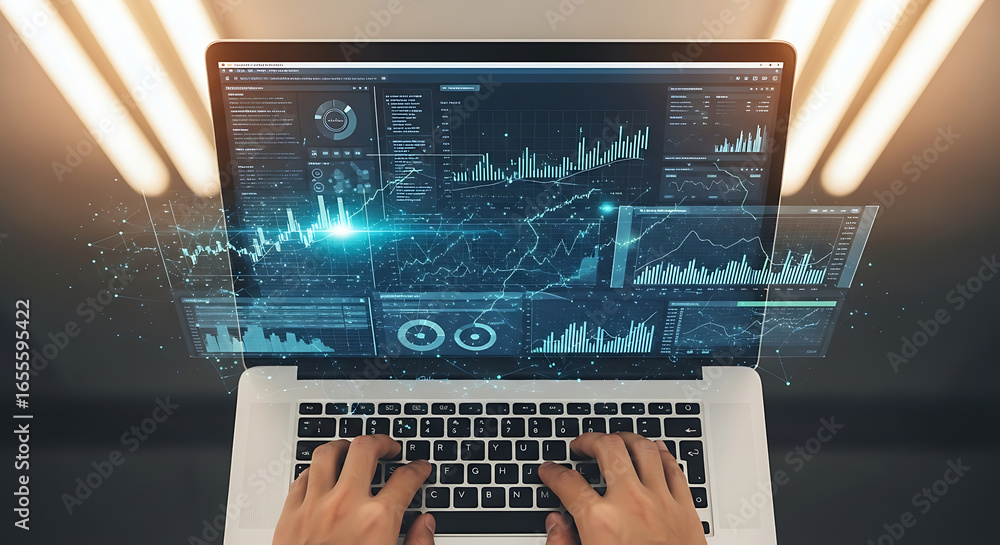 Aufkleber hands typing on a laptop displaying data charts and graphs with a dark background and bright lights