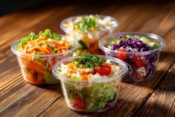 Four plastic bowls filled with colorful assorted salads sit on a wood surface