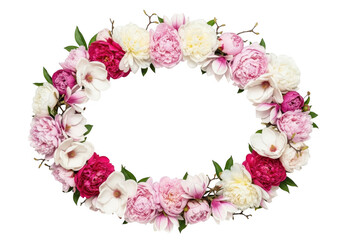 Oval wreath of pink and white peonies and magnolias isolated on transparent background