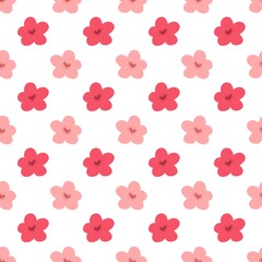 Seamless floral pattern with pink and red flowers on white background, ideal for fabric, wallpaper, wrapping paper, and stylish spring or summer decorative designs.