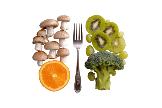 Brain-shaped food arrangement.  Fruits, vegetables, and fungi form a brain