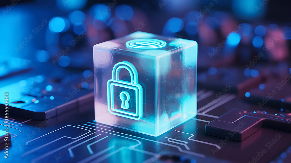 Poster cybersecurity concept illuminated padlock symbol on a circuit board, representing data protection.