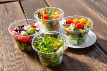 Four clear cups filled with colorful salads sit on a wooden table creating a fresh and vibrant food display