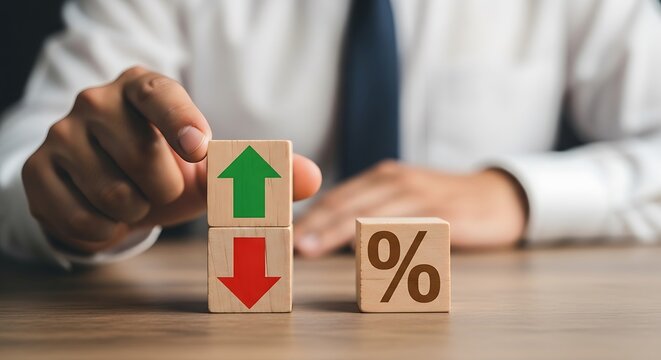 Business finance growth concept with up and down arrows and percent sign on blocks