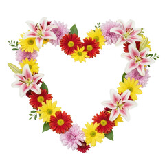 Heart shaped floral arrangement of colorful flowers isolated on transparent background
