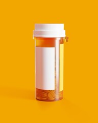 3D render of  pill bottle with white cap and blank label on yellow background. Medicine or supplement container mockup for healthcare and pharmaceutical concept.