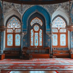 Obraz premium Interior of a mosque with intricate stained glass windows.