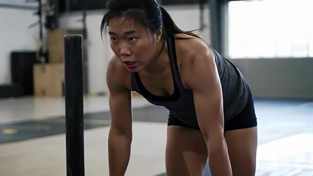 Determined woman prepares to push weight sled in a gym setting