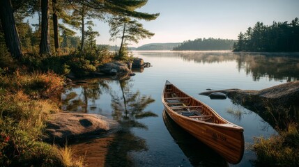 Obraz premium Wooden Canoe on Calm Lake at Sunrise