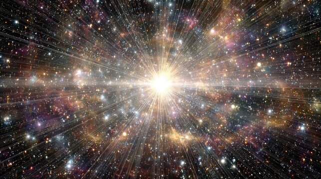 Cosmic explosion in deep space.  Vast expanse of stars and nebulae radiate outward from a brilliant central point